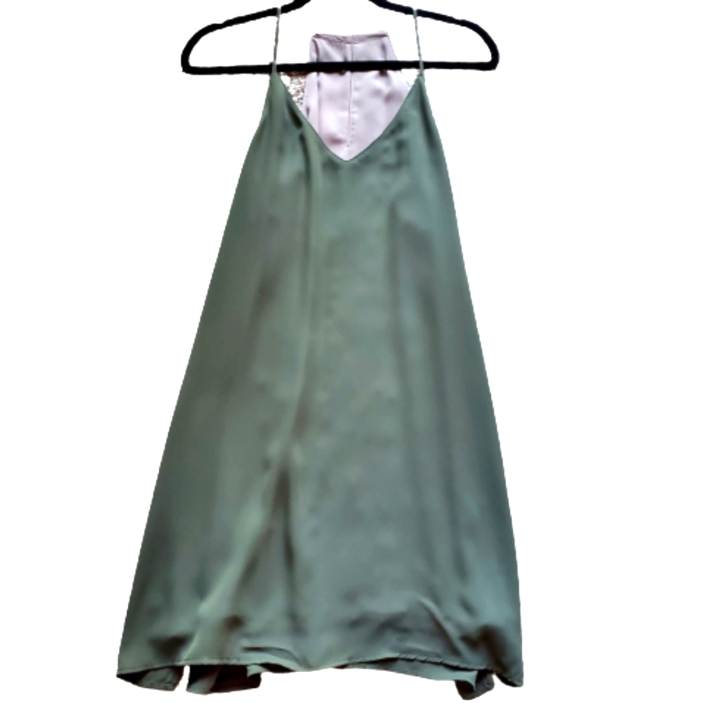 NWT Tempted Reversible Satin Tank Dress Olive Green Tan Spaghetti Strap Size M